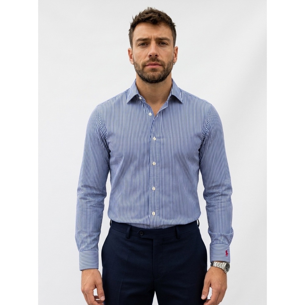 Polo Ralph Lauren Mens Blue White Striped Knit Dress Shirt Large L Long Sleeve